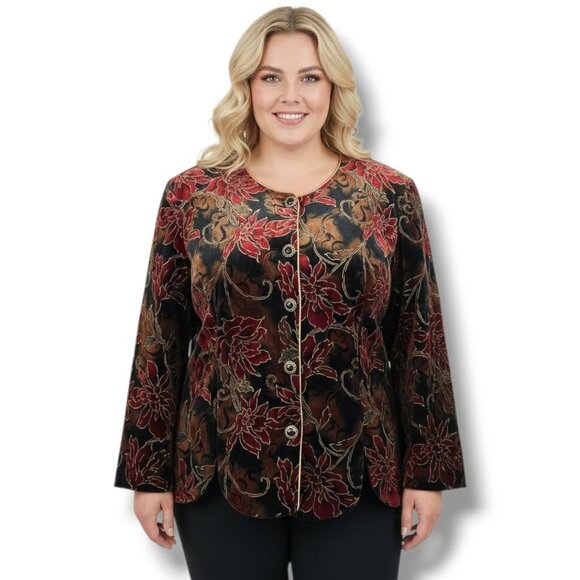 Dressbarn Floral Velvet Jacket 18W Women Black Red Gold Dressy Holiday Christmas - Picture 1 of 13